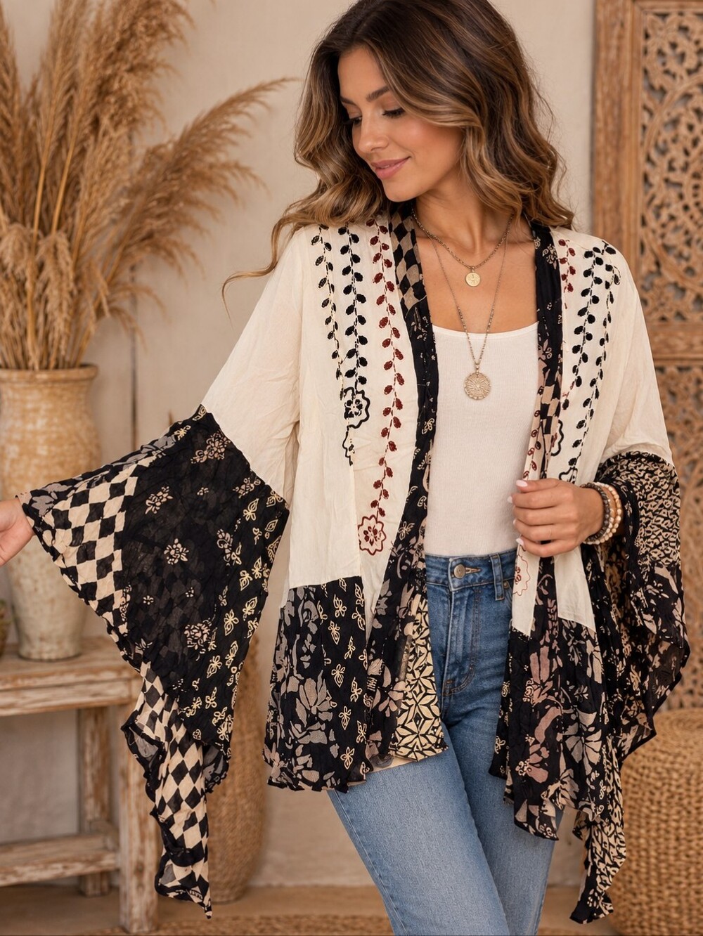 566.Bohemian Patchwork Kimono Cardigan